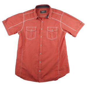 Buckle BKE Shirt Mens L Orange Embroidered Standard Fit Logo Button Short Sleeve
